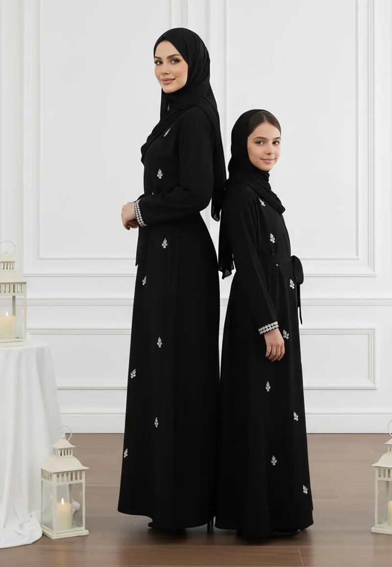Luxurious Mother & Daughter 2-Piece Abaya Set | Intricate Beads Work & Matching Inner Dress-2P822MD (Dresses are sold individually. To create a matching mom and daughter set, please purchase two items in different sizes)